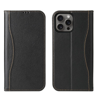 For iPhone 16 Pro Fierre Shann Cowhide Leather Flip Leather Phone Case(Black) by FIERRE SHANN
