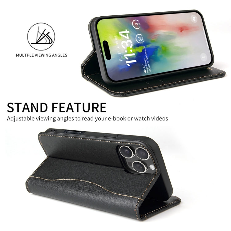 For iPhone 16 Pro Fierre Shann Cowhide Leather Flip Leather Phone Case(Black) by FIERRE SHANN