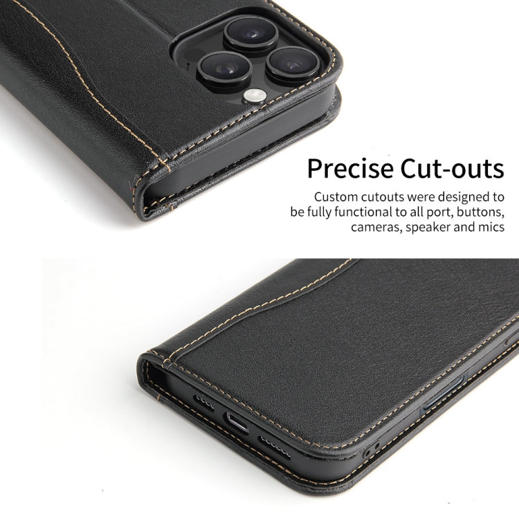For iPhone 16 Pro Fierre Shann Cowhide Leather Flip Leather Phone Case(Black) by FIERRE SHANN