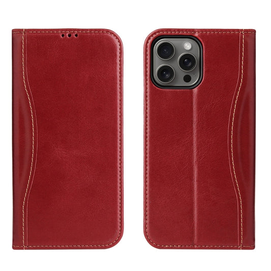 For iPhone 16 Pro Fierre Shann Cowhide Leather Flip Leather Phone Case(Red) by FIERRE SHANN