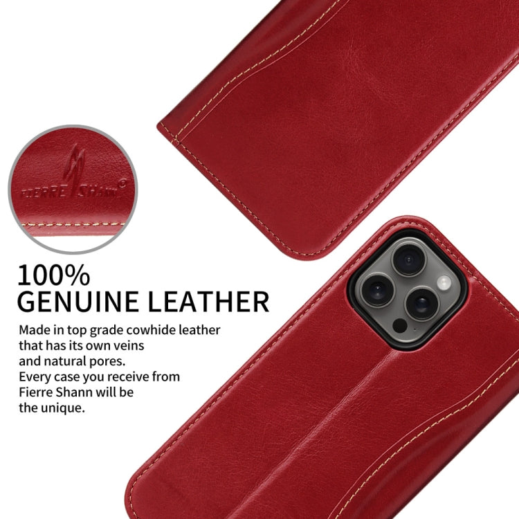 For iPhone 16 Pro Fierre Shann Cowhide Leather Flip Leather Phone Case(Red) by FIERRE SHANN