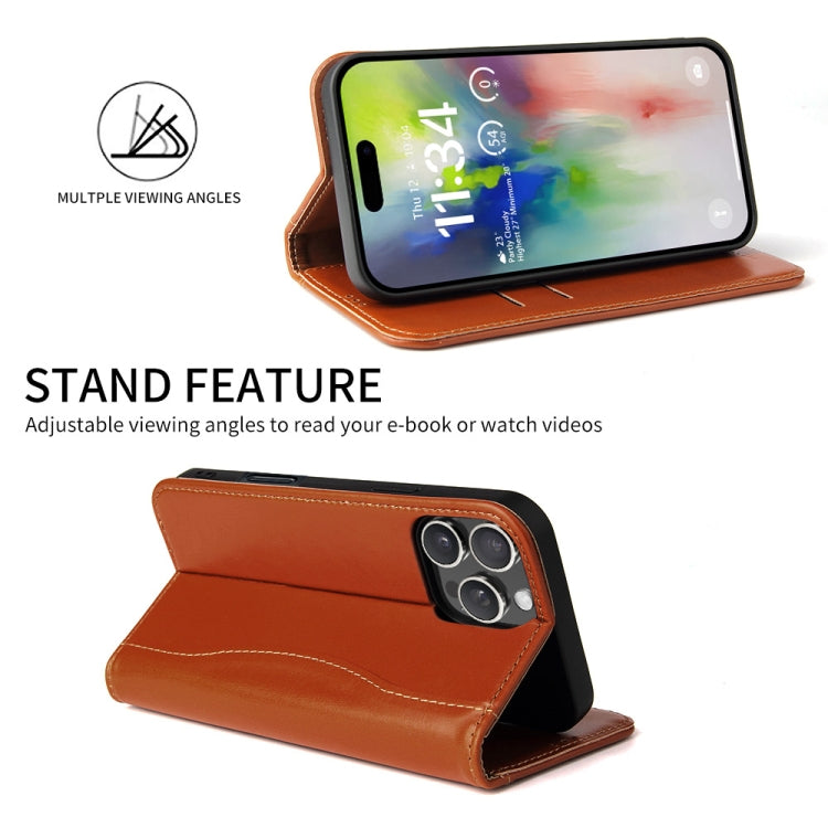 For iPhone 16 Pro Fierre Shann Cowhide Leather Flip Leather Phone Case(Brown) by FIERRE SHANN