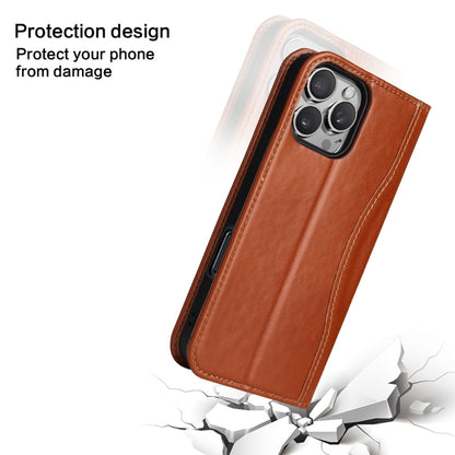For iPhone 16 Pro Fierre Shann Cowhide Leather Flip Leather Phone Case(Brown) by FIERRE SHANN