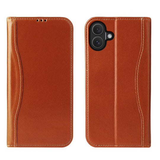 For iPhone 17 Fierre Shann Cowhide Leather Flip Leather Phone Case(Brown)