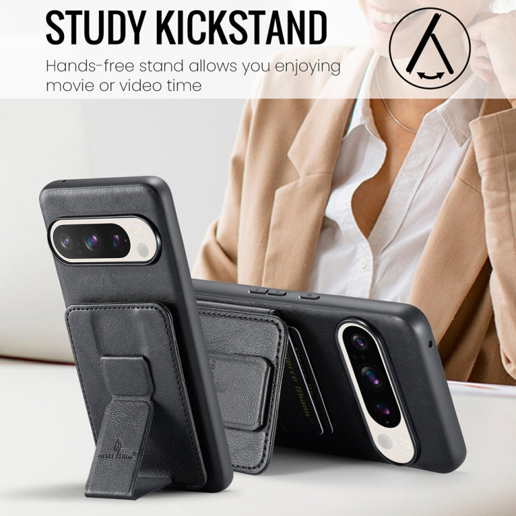 For Google Pixel 9 Pro XL Fierre Shann Oil Wax Cow Leather Card Holder Back Phone Case(Black) by FIERRE SHANN