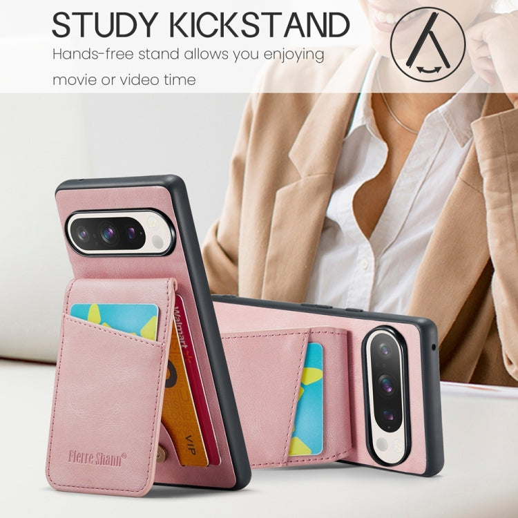 For Google Pixel 9 Pro XL Fierre Shann Crazy Horse Card Holder Back Cover PU Phone Case(Pink) by FIERRE SHANN