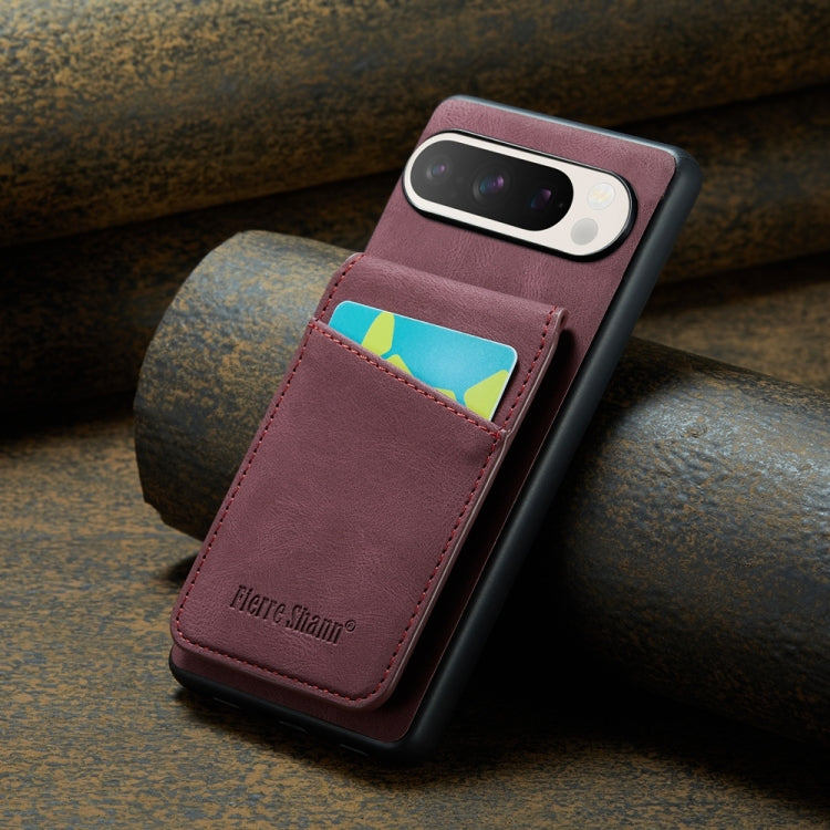For Google Pixel 9 Pro XL Fierre Shann Crazy Horse Card Holder Back Cover PU Phone Case(Wine Red) - Google Cases by FIERRE SHANN | Online Shopping UK | buy2fix