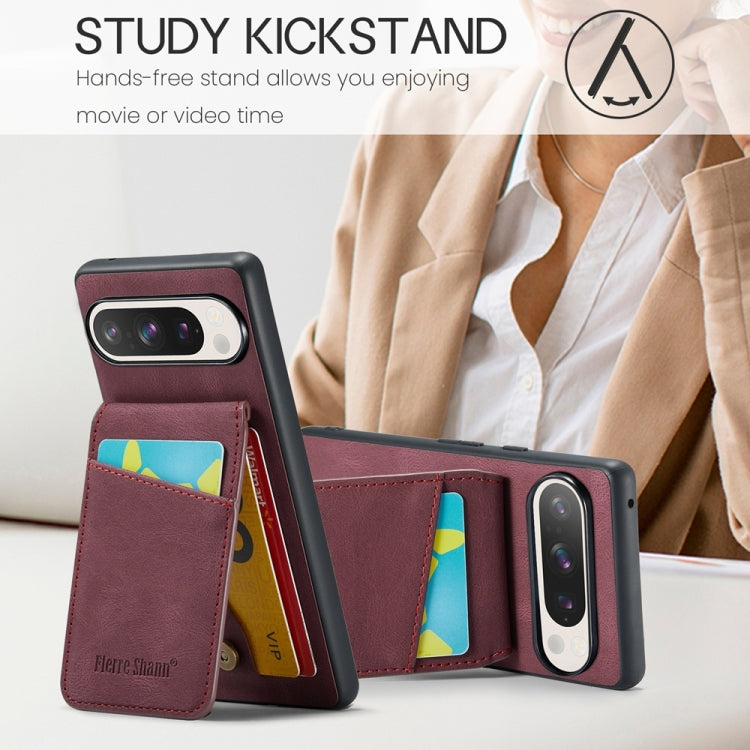 For Google Pixel 9 Pro XL Fierre Shann Crazy Horse Card Holder Back Cover PU Phone Case(Wine Red) - Google Cases by FIERRE SHANN | Online Shopping UK | buy2fix