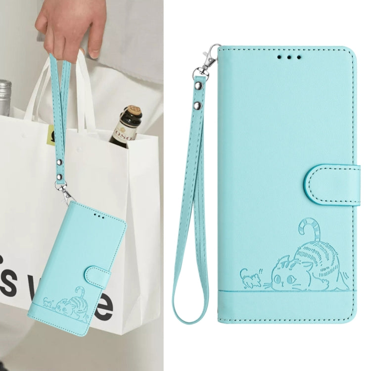 For Google Pixel 9a Cat Rat Embossed Pattern RFID Leather Phone Case with Lanyard(Mint Green) - Google Cases by buy2fix | Online Shopping UK | buy2fix