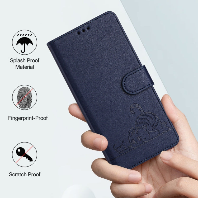 For Google Pixel 9a Cat Rat Embossed Pattern RFID Leather Phone Case with Lanyard(Blue) - Google Cases by buy2fix | Online Shopping UK | buy2fix