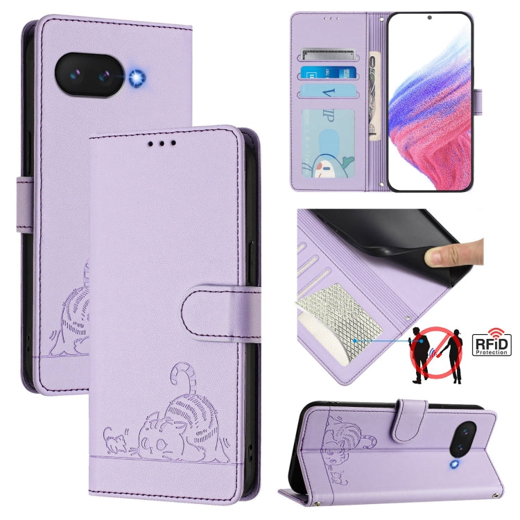 For Google Pixel 9a Cat Rat Embossed Pattern RFID Leather Phone Case with Lanyard(Purple) - Google Cases by buy2fix | Online Shopping UK | buy2fix