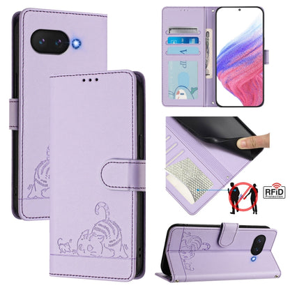 For Google Pixel 9a Cat Rat Embossed Pattern RFID Leather Phone Case with Lanyard(Purple) - Google Cases by buy2fix | Online Shopping UK | buy2fix