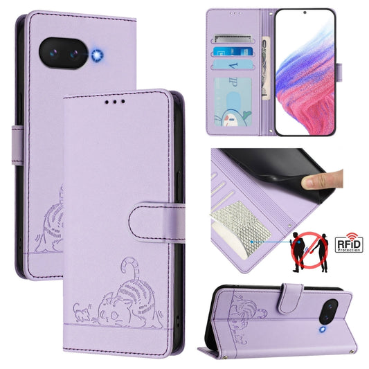 For Google Pixel 9a Cat Rat Embossed Pattern RFID Leather Phone Case with Lanyard(Purple) - Google Cases by buy2fix | Online Shopping UK | buy2fix