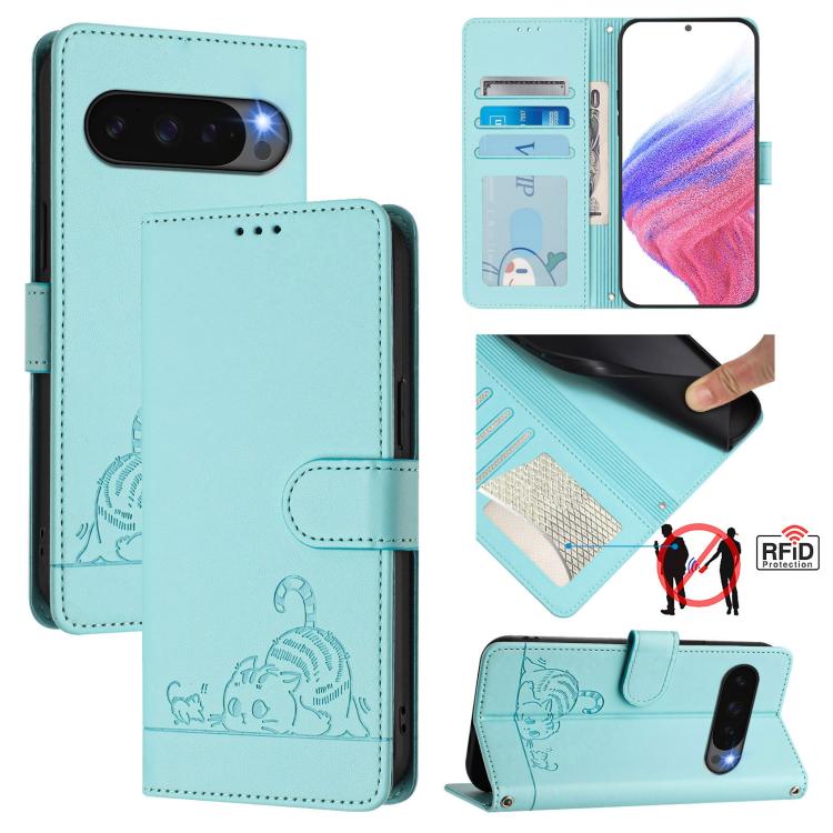 For Google Pixel 10 Pro XL 5G Global Cat Rat Embossed Pattern RFID Leather Phone Case with Lanyard(Mint Green) - Google Cases by buy2fix | Online Shopping UK | buy2fix