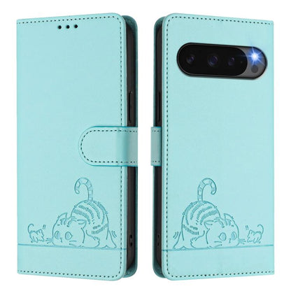 For Google Pixel 10 Pro XL 5G Global Cat Rat Embossed Pattern RFID Leather Phone Case with Lanyard(Mint Green) - Google Cases by buy2fix | Online Shopping UK | buy2fix