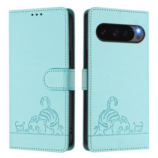 For Google Pixel 10 Pro XL 5G Global Cat Rat Embossed Pattern RFID Leather Phone Case with Lanyard(Mint Green) - Google Cases by buy2fix | Online Shopping UK | buy2fix