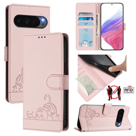 For Google Pixel 10 Pro XL 5G Global Cat Rat Embossed Pattern RFID Leather Phone Case with Lanyard(Pink) - Google Cases by buy2fix | Online Shopping UK | buy2fix