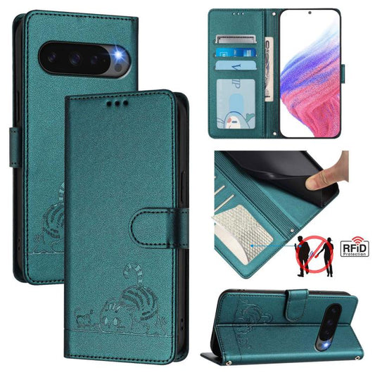 For Google Pixel 10 Pro XL 5G Global Cat Rat Embossed Pattern RFID Leather Phone Case with Lanyard(Peacock Green) - Google Cases by buy2fix | Online Shopping UK | buy2fix