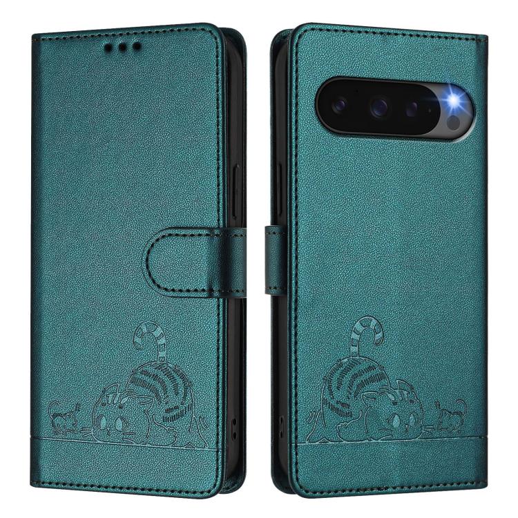 For Google Pixel 10 Pro XL 5G Global Cat Rat Embossed Pattern RFID Leather Phone Case with Lanyard(Peacock Green) - Google Cases by buy2fix | Online Shopping UK | buy2fix