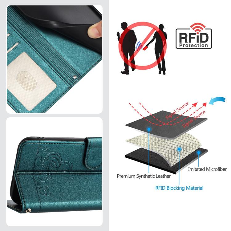 For Google Pixel 10 Pro XL 5G Global Cat Rat Embossed Pattern RFID Leather Phone Case with Lanyard(Peacock Green) - Google Cases by buy2fix | Online Shopping UK | buy2fix