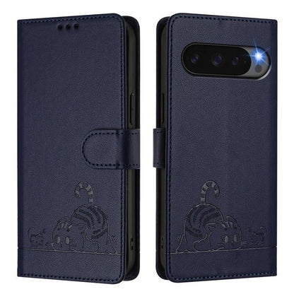 For Google Pixel 10 Pro XL 5G Global Cat Rat Embossed Pattern RFID Leather Phone Case with Lanyard(Blue) - Google Cases by buy2fix | Online Shopping UK | buy2fix
