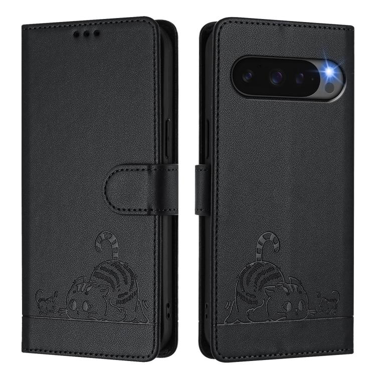 For Google Pixel 10 5G Global Cat Rat Embossed Pattern RFID Leather Phone Case with Lanyard(Black) - Google Cases by buy2fix | Online Shopping UK | buy2fix