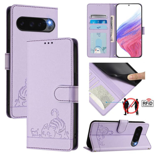 For Google Pixel 10 5G Global Cat Rat Embossed Pattern RFID Leather Phone Case with Lanyard(Purple) - Google Cases by buy2fix | Online Shopping UK | buy2fix