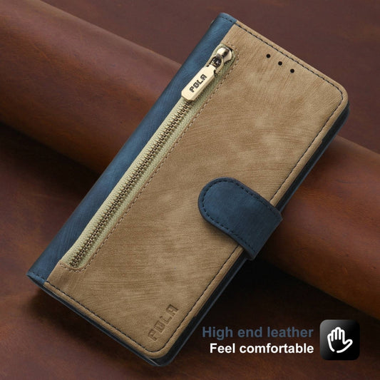 For iPhone 12 / 12 Pro POLA Dual-color Zipper Wallet RFID Leather Phone Case(Yellow Blue) - iPhone 12 / 12 Pro Cases by POLA | Online Shopping UK | buy2fix