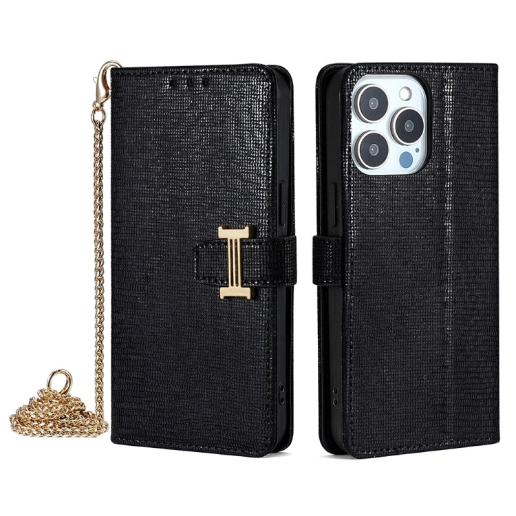 For iPhone 15 Pro POLA Crossbody Chain I-Shape Buckle Sequins Leather Phone Case(Black) - iPhone 15 Pro Cases by POLA | Online Shopping UK | buy2fix