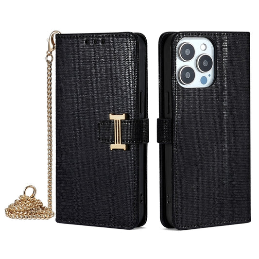 For iPhone 15 Pro POLA Crossbody Chain I-Shape Buckle Sequins Leather Phone Case(Black) - iPhone 15 Pro Cases by POLA | Online Shopping UK | buy2fix
