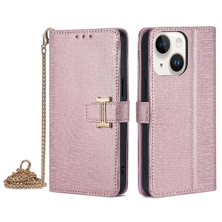 For iPhone 14 POLA Crossbody Chain I-Shape Buckle Sequins Leather Phone Case(Rose Gold) - iPhone 14 Cases by POLA | Online Shopping UK | buy2fix