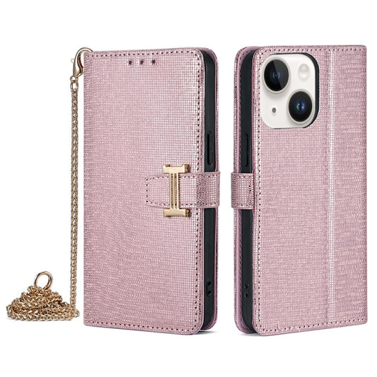 For iPhone 14 POLA Crossbody Chain I-Shape Buckle Sequins Leather Phone Case(Rose Gold) - iPhone 14 Cases by POLA | Online Shopping UK | buy2fix