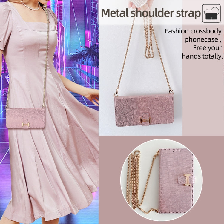 For iPhone 14 POLA Crossbody Chain I-Shape Buckle Sequins Leather Phone Case(Rose Gold) - iPhone 14 Cases by POLA | Online Shopping UK | buy2fix