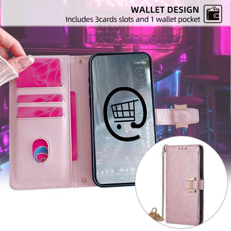 For iPhone 14 POLA Crossbody Chain I-Shape Buckle Sequins Leather Phone Case(Rose Gold) - iPhone 14 Cases by POLA | Online Shopping UK | buy2fix