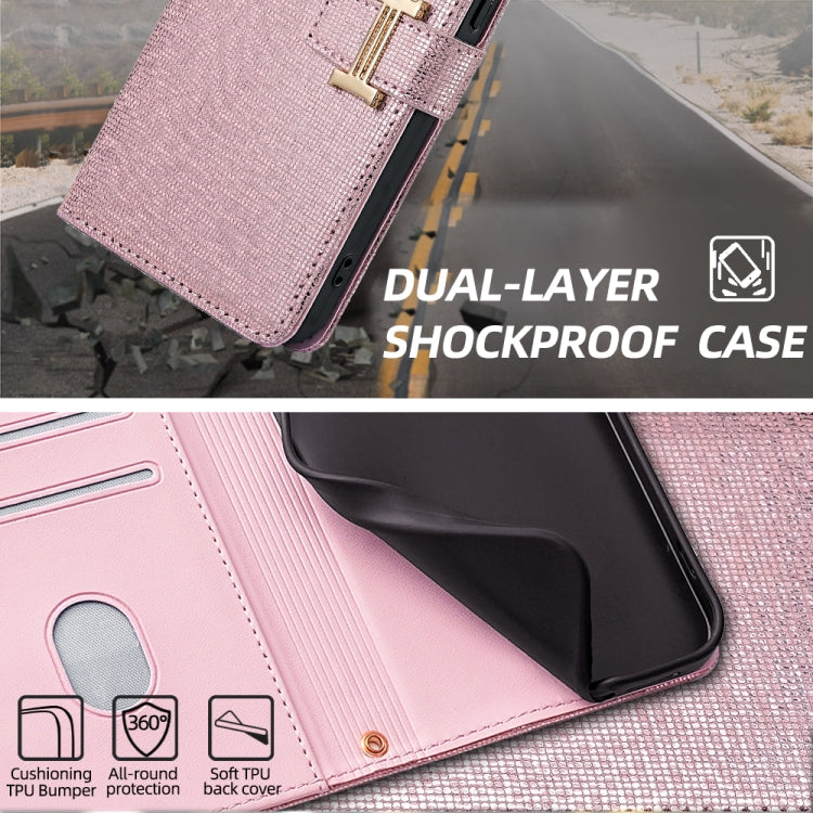 For iPhone 14 POLA Crossbody Chain I-Shape Buckle Sequins Leather Phone Case(Rose Gold) - iPhone 14 Cases by POLA | Online Shopping UK | buy2fix