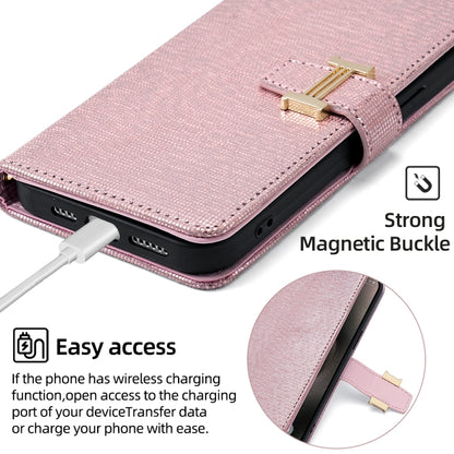 For iPhone 14 POLA Crossbody Chain I-Shape Buckle Sequins Leather Phone Case(Rose Gold) - iPhone 14 Cases by POLA | Online Shopping UK | buy2fix