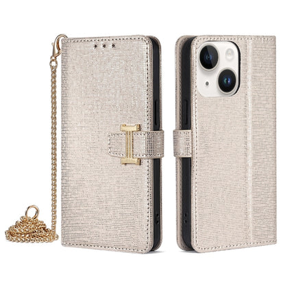 For iPhone 14 POLA Crossbody Chain I-Shape Buckle Sequins Leather Phone Case(White) - iPhone 14 Cases by POLA | Online Shopping UK | buy2fix