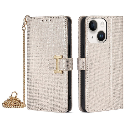 For iPhone 14 POLA Crossbody Chain I-Shape Buckle Sequins Leather Phone Case(White) - iPhone 14 Cases by POLA | Online Shopping UK | buy2fix