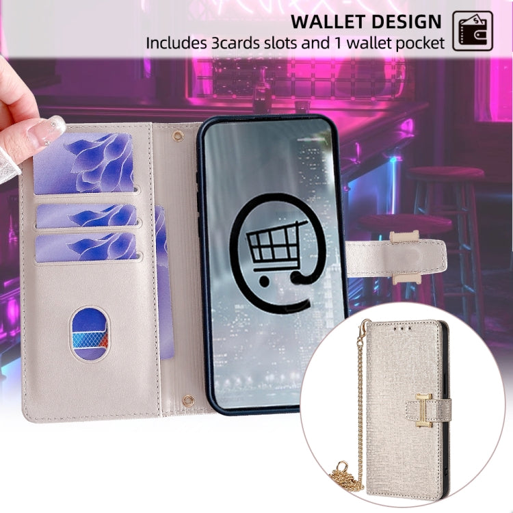 For iPhone 14 POLA Crossbody Chain I-Shape Buckle Sequins Leather Phone Case(White) - iPhone 14 Cases by POLA | Online Shopping UK | buy2fix