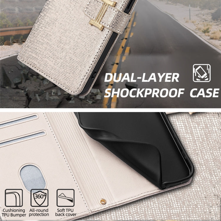 For iPhone 14 POLA Crossbody Chain I-Shape Buckle Sequins Leather Phone Case(White) - iPhone 14 Cases by POLA | Online Shopping UK | buy2fix