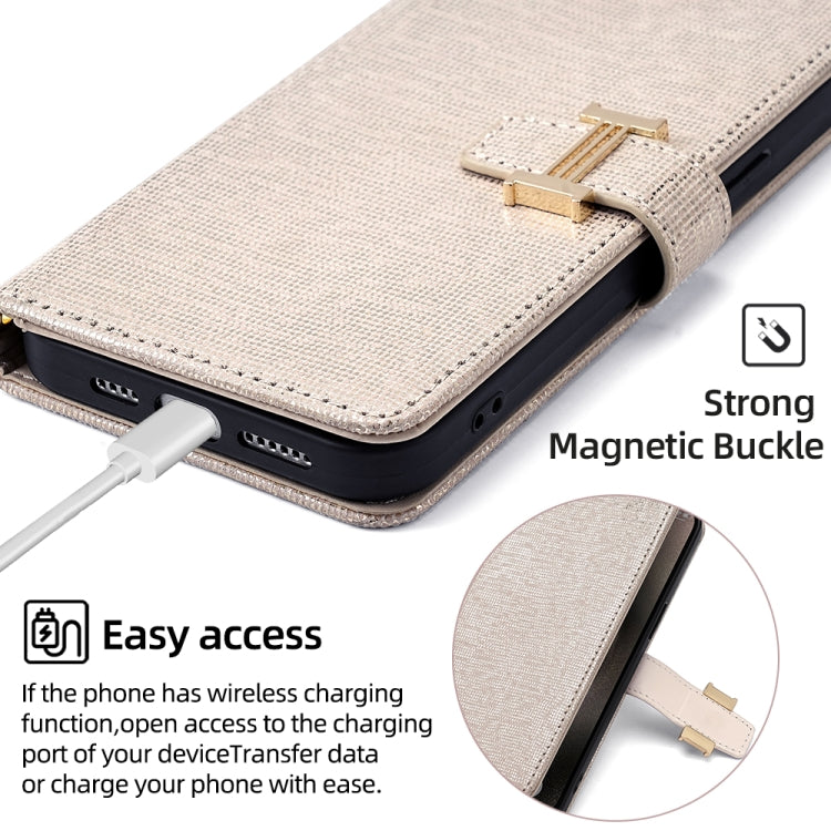 For iPhone 14 POLA Crossbody Chain I-Shape Buckle Sequins Leather Phone Case(White) - iPhone 14 Cases by POLA | Online Shopping UK | buy2fix