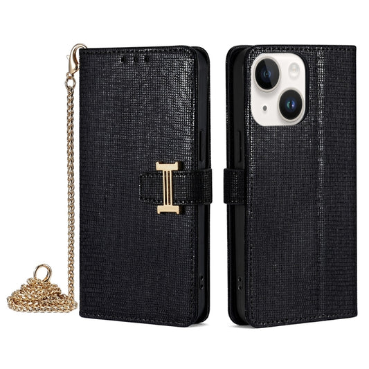For iPhone 14 POLA Crossbody Chain I-Shape Buckle Sequins Leather Phone Case(Black) - iPhone 14 Cases by POLA | Online Shopping UK | buy2fix