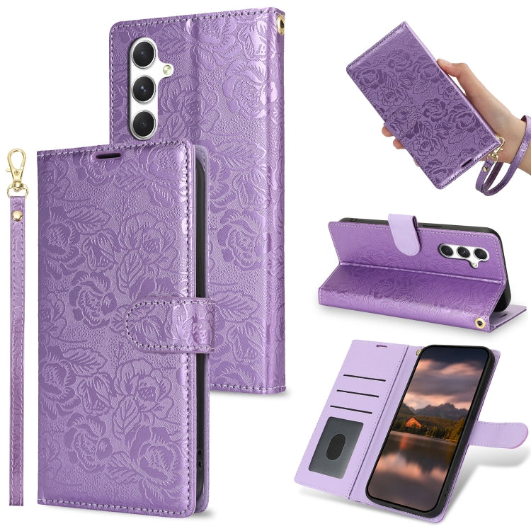 For Samsung Galaxy S25 5G Peony Flowers Imprint Leather Phone Case(Purple) by buy2fix