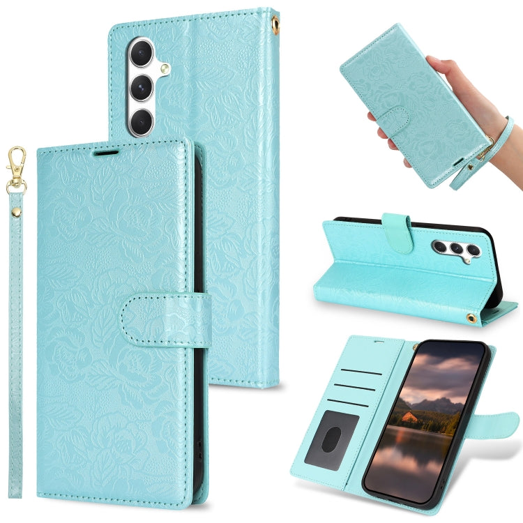 For Samsung Galaxy S25 5G Peony Flowers Imprint Leather Phone Case(Sky Blue) by buy2fix