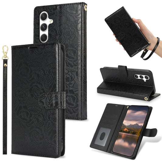 For Samsung Galaxy S25+ 5G Peony Flowers Imprint Leather Phone Case(Black) - Galaxy S25+ 5G Cases by buy2fix | Online Shopping UK | buy2fix