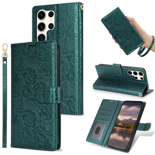 For Samsung Galaxy S25 Ultra 5G Peony Flowers Imprint Leather Phone Case(Green) by buy2fix