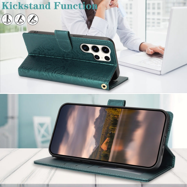 For Samsung Galaxy S25 Ultra 5G Peony Flowers Imprint Leather Phone Case(Green) by buy2fix