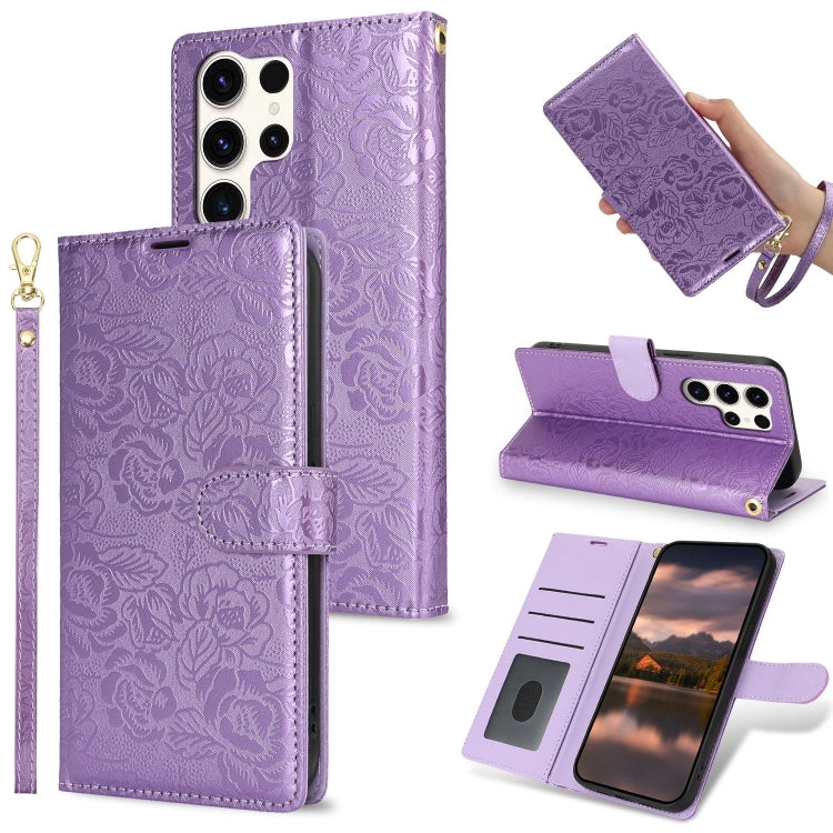 For Samsung Galaxy S25 Ultra 5G Peony Flowers Imprint Leather Phone Case(Purple) by buy2fix