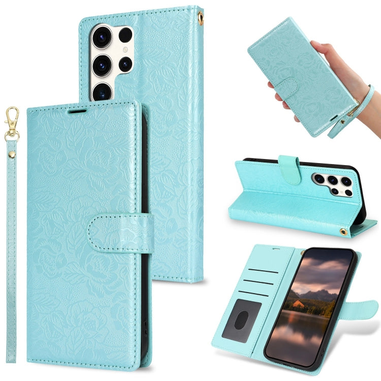 For Samsung Galaxy S25 Ultra 5G Peony Flowers Imprint Leather Phone Case(Sky Blue) by buy2fix