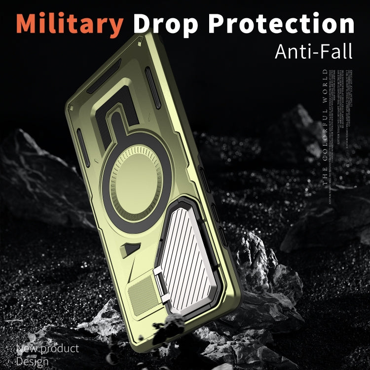 For Samsung Galaxy S25 5G Shield Frame Holder MagSafe Phone Case(Olive Green) by buy2fix